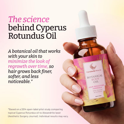 Caramela Beauty Cyperus Rotundus Oil – Natural Hair Reduction Body Oil with Jojoba, Rosehip & Sweet Almond Oil, After-Shave & Post-Wax Care for Smooth Silky Skin, 60ml / 2oz